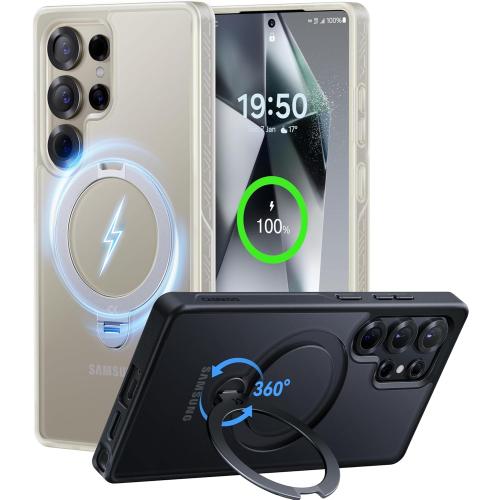 CASEKOO Patented 360° Spin Magnetic Stand for Samsung Galaxy S25 Ultra Case [18FT Military Drop Protection] [Compatible with MagSafe] Translucent Slim S25 Ultra Case 6.9'' 2025, Translucent White