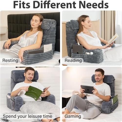 ENITYA 22 XL Back Pillow for Bed Sitting Up, Reading Pillow with Armrests & Big Pockets, Soft Back Support Chair, Ideal for Watching TV, Gaming, Nursing, Resting, Post Surgery, Dark Grey