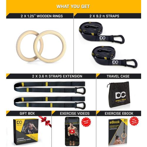 Double Circle Wood Gymnastics Rings with Quick Adjust Numbered Straps and Exercise Videos Guide - Full Body Workout Rings, Calisthenics, Home Gym (Multi-Size)