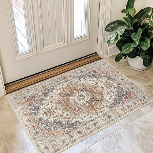 Madane Washable Area Rug 2x3, Small Entryway Rug Non-Slip Vintage Door Mat Indoor Entrance, Low Pile Floor Carpet for Inside Front Door Bedroom Kitchen Entry Laundry (2'x3', Turmeric/Grey)