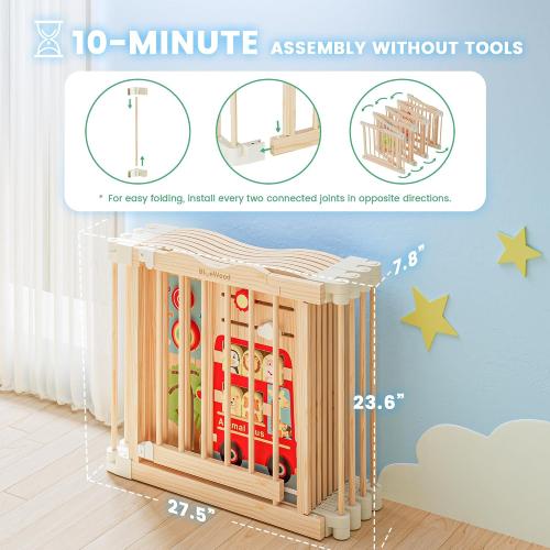 Foldable Wooden Playpen, 55 x 55 x 24 inches, Animal Bus, Natural | Adjustable Wood Baby Play Yard with Child-Proof Lock, Indoor Large Safety Fence for Babies and Toddlers, Easy Assembly