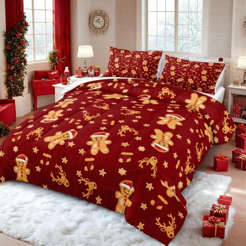 Bedbay Cartoon Christmas Bedding Set  Red and Gold Christmas Gingerbread Stars Elks Comforter Happy New Year Xmas Theme Quilt Set for Boys Girls Teen
