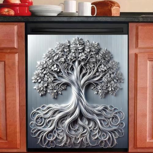 BlissYard Tree of Life Dishwasher Magnet Cover Skin Panel Magnetic Dishwasher Covers Decorative Sliver Metal of Life Front Door Magnet Cover Home Appliances Dishwasher Refrigerator Cupboard 23x26 Inch