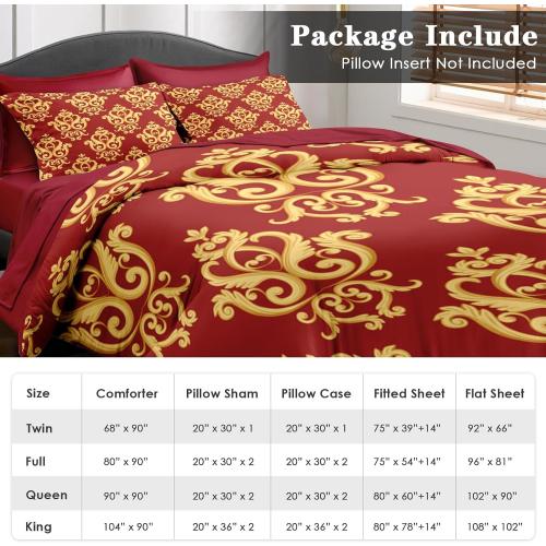 Comforter Set Full Size, Vintage Floral Gold 7 Pcs Bedding for Kids and Adults, Medieval Burgundy Red Bed Sheet Sets with Fitted Sheet 2 Pillowcase & 2 Sham for Bedroom Bed Decor