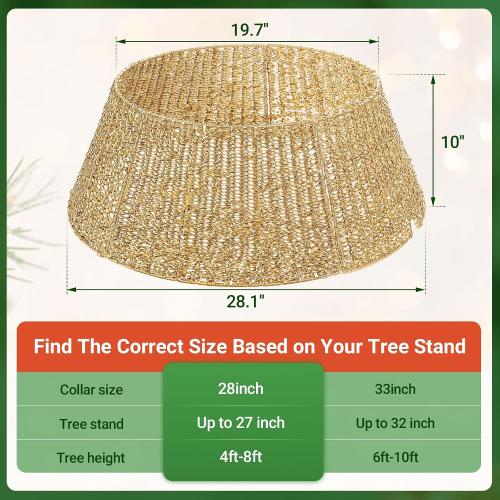 ELYKEN 28 Inch Christmas Tree Collar, Gold Woven Xmas Tree Skirt for 7.5 ft Trees, Stylish Tree Base Cover with Cord Cut-Out, Round Tree Ring for for Pencil Trees, Easy Assembly
