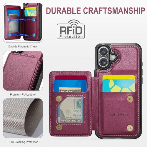 Vinich for iPhone 17 Wallet Case with Card Holder, RFID Blocking Credit Slots Kickstand Shockproof Phone Cover Fit for iPhone 17 6.3 Wine Red