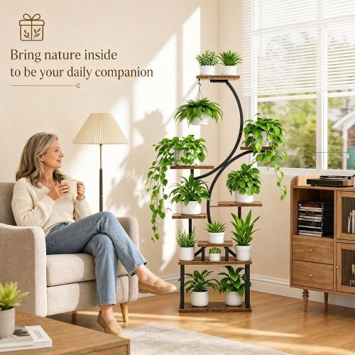 BACEKOLL Plant Stand Indoor with Grow Light, 8 Tier Corner Plant Shelf Tall | 62 Lighted Flower Holder for Plant Multiple, Space-Saving Beautiful Display Growing Rack for Home Patio, Sturdy Metal, Brown