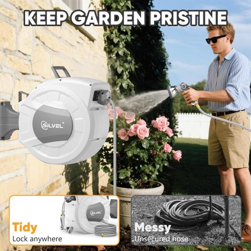 Retractable Garden Hose Reel, 1/2 x 100ft Wall Mount Heavy Duty Automatic Hose Reel with 10 Pattern Nozzle, Any Length Lock & Slow Return System, 180°Swivel Bracket Upgraded UV Resistant,Light Grey