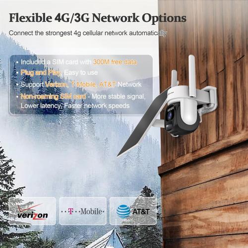 4G LTE Solar Cellular Security Camera, U.S. Local SIM&SD Card Included, No WiFi Needed, 2K Live Video, 360° Full View, Color Night Vision, PIR Motion Sensor, Flashlight&Siren Alerts