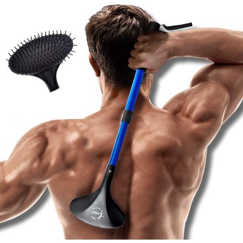 EASACE Telescopic Back Scratcher with Long Handle 21.5 Inch Adjustable Backscratchers Telescoping for Women Men Pregnant Extendable Head Body Scratcher Retractable Over-Sized Bristled Scratcher（Blue）