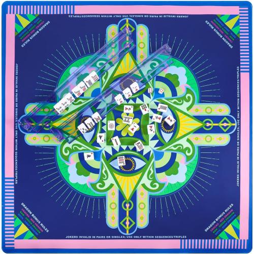 Neoprene Mahjong Mat with Rules (33 x 33), No Creases American Mahjong Mat, Anti-Slip & Noise Reduction Mahjong Learning Mat, Mahjong Mat Gifts for Women (Lucky Pink Blue)