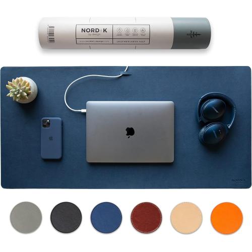 Nordik Leather Desk Mat Cable Organizer (Midnight Blue 35 x 17 inch) Premium Extended Mouse Mat for Home Office Accessories - Felt Vegan Large Leather Desk Pad Protector & Desk Blotter Pads Decor