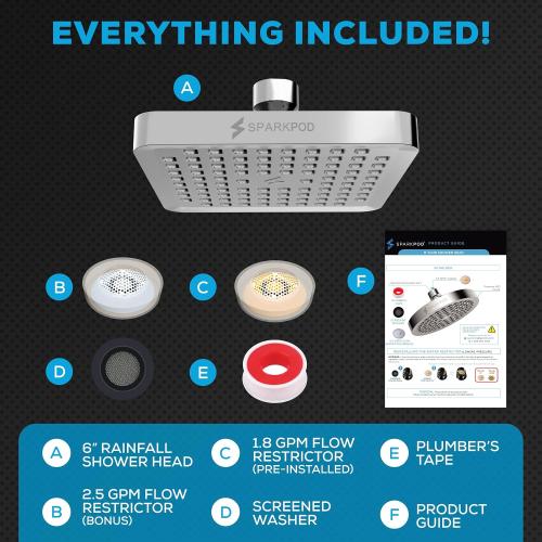 SparkPod Rain Shower Head, 6 Inch Square, Luxury Polished Chrome Finish | High Pressure Shower Heads, 90 Nozzles, Adjustable Showerhead, No Tools Needed, Universal Connection