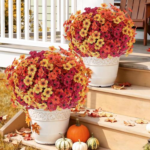 Powbrace 22 Pack Artificial Fall Flowers Mums for Outdoor Indoor(Fall Mix) | Fake Mums Plants Faux Fall Silk Flowers for Outdoors Outside Front Porch Hanging Planter Window Box Garden Fall Decoration