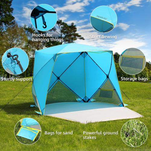 BLUE AND YELLOW Pop Up Beach Tent, Portable Shade Sun Shelter UPF50  UV Protection for 4 Person Extendable Floor for Fishing Hiking Camping, Waterproof Windproof(Blue)