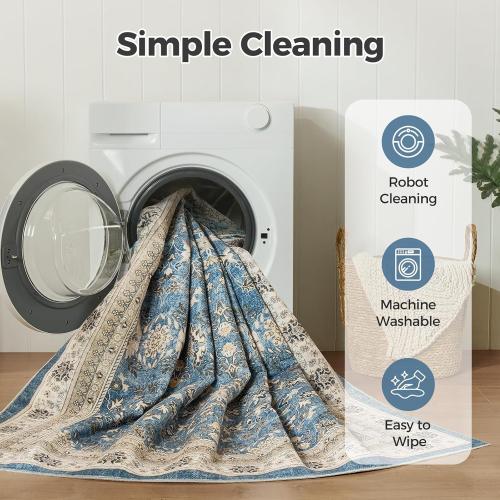 WITSHOCK Living Room Rug Vintage Distressed Oushak Boho Farmhouse Retro Antique, Dining Room Rugs for Under Table, Bedroom Nursery Playroom, Ultra Soft Non-Slip Washable Stain Resistance, Blue