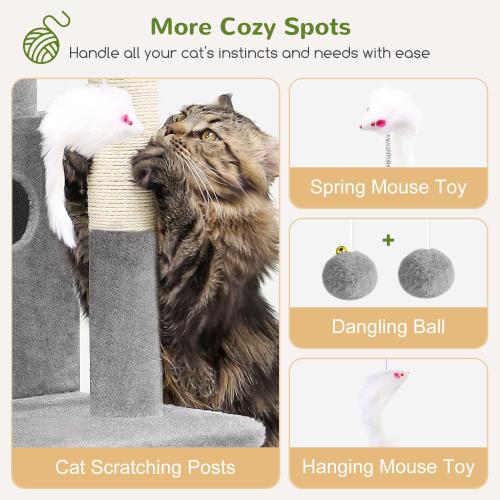 Globlazer Cat Tree Tower for Indoor Cats, 50-inch Adult Cat Tree House for Large Adult Cats with Steps, Scratching Post, 2 Cat Caves, Dangling Toys, FC50, Light Grey