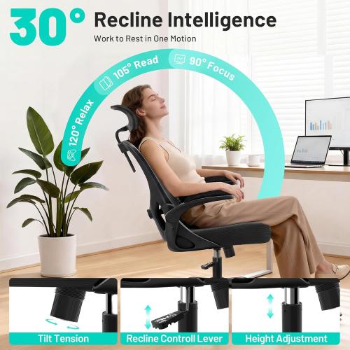 AreShark Office Chair - Ergonomic Desk Chair Breathable Mesh Chair with 2D Headrest & Adjustable Lumbar Support - Executive High Back Rolling Swivel Computer Gaming Chair with Wheels Flip-up Armrests