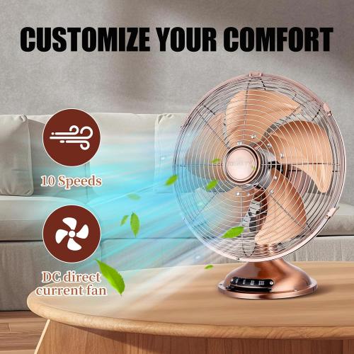 Size 12 Color Copper Oscillating Vintage Fan, All Metal 12 Retro Table Top Fan, Adjustable Head Tilt, Quiet 3 Speeds Plug-In Desk Fan for Bedroom Home Office & Kitchen