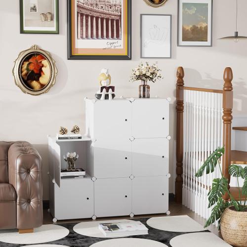C&AHOME Cube Storage Organizer with Doors, 8-Cube Shelf, Closet Cabinet, DIY Plastic Modular Bookshelf, Storage Shelves Ideal for Bedroom,Living Room,24.8 L × 12.4 W × 48.4 H Milky UGSHS3008M