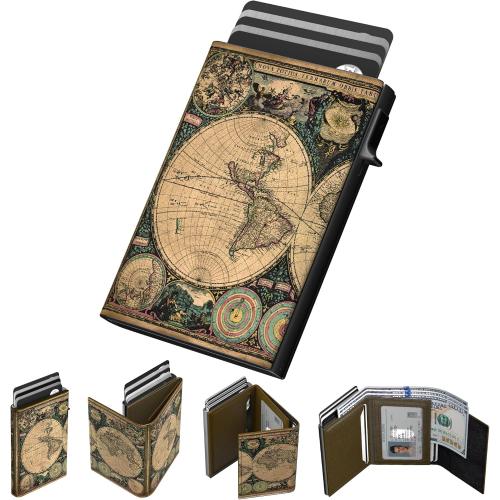 typecase Mens Wallet Card Holder: Pop Up Aluminum Case, Carbon Fiber Leather, Smart, RFID Blocking, Slim, Minimalist, Front Pocket - 9-14 Card Capacity | ID Window | Cash Slot (Map)