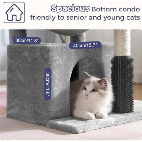 Color Grey pawfessor 5 in 1 Cat Tree 32 Inches Cat Tower with Self Groomer,15.7”Large Hammock, Fully Scratching Post, Removable Top Perch and Wide Condo for Indoor Cats-Gray