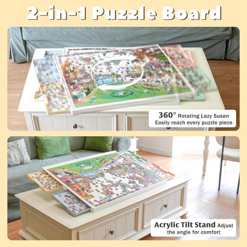 2-in-1 Rotating & Tilting Puzzle Board for 1500‑Piece Puzzles with 4 Color Drawers and Cover, 32x24 Portable Spinning Plastic Jigsaw Puzzle Table for Adults
