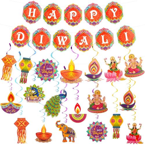 14pcs Happy Diwali Party Decorations Set - Happy Diwali Banner, Lantern Festival Pattern Hanging Swirls Streamers