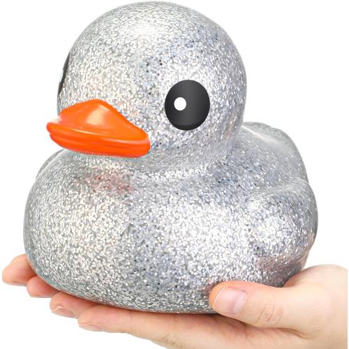 Honoson 6.89 Inch Giant Glitter Rubber Duck Big Glitter Rubber Duck Large Sparkly Duckling Bath Toy with Squeaky Sound for Summer Baby Shower Birthday Party Favor Gift(Silver)
