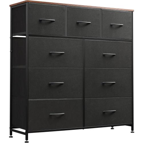 WLIVE 9 Drawer Dresser, Fabric Storage Tower for Bedroom, Hallway, Closet, Tall Chest Organizer Unit for Bedroom with Fabric Bins, Steel Frame, Wood Top, Easy Pull Handle, Black and Rustic Brown