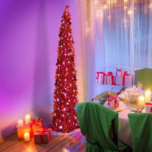 Aoriher 5 ft Pre-lit Pop up Christmas Tinsel Tree Decor Reusable Collapsible Artificial Sequins Slim Pencil Tree with Colorful String Lights for Holiday Party Home Indoor Outdoor(Red)