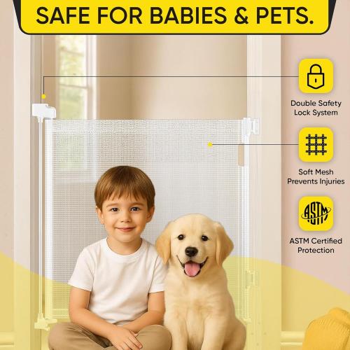 Retractable Baby Gate – 35 Tall, 55 Wide Mesh Safety Gate for Dogs & Babies, Indoor/Outdoor Use for Stairs, Doorways, Hallways, Deck & Porch – Easy One-Handed Wall Mount Design
