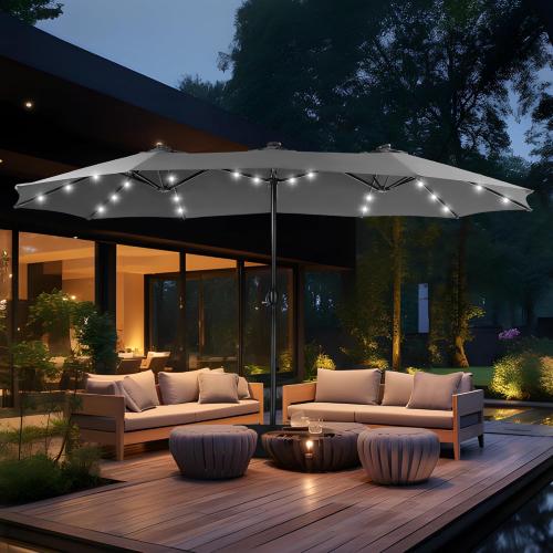 MFSTUDIO 15ft Double Sided Patio Umbrella with Solar Lights, Outdoor Large Umbrellas with Crank Handle and 36 LED Lights, Rectangular Market Umbrella with Base Included for Deck Pool Shade, Smoky Gray