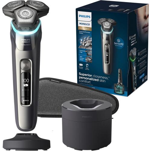Black & Grey Philips Norelco Shaver Series 9000, Wet and Dry Electric Shaver, with Lift & Cut Shaving System and SenseIQ Technology, Pop-up Trimmer, Cleaning Pod, Charging Stand and Travel Case, Model S9987/85