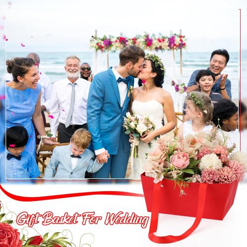 PerKoop 24 Pack Baskets for Gifts Empty Bulk 6.5 x 9.8'' Thick Kraft Gift Basket with Pull Bows Bags Empty Gift Basket for Easter Birthday Wedding Mother's Day Graduation Snack Farmers Market(Red)