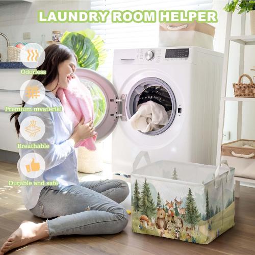 Cute Animals Storage Baskets, Woodland Nursery Decor, Woodland Baby Shower Decorations, Large Squarecanvas Laundry Hamper With A Waterproof PECoating, Foldable Kids Toy Clothes Bins for Bedroom
