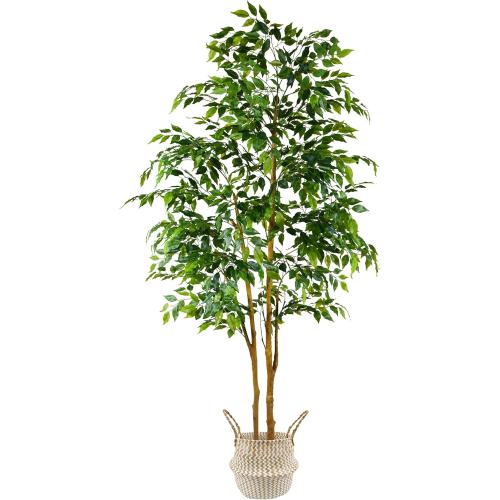 Artificial Ficus Tree, 7ft Silk Fake Ficus Leaves Plant with Basket, Indoor Outdoor Faux Green Tree for Home Garden Office House Livingroom Décor