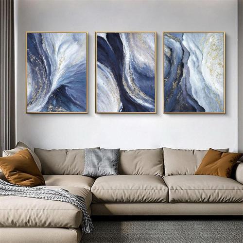 Framed Gold And Blue Abstract Canvas Wall Art For Living Room-3 Pieces Blue River and Mountain Oil Painting For Bedroom-Large Gold Wall Decor for Office Kitchen 24x48 inches Ready To Hang
