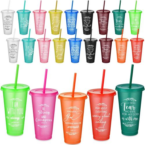 Havawish 24 Pcs Inspirational Christian Gift Bible Verse Tumbler Bulk 24 oz Drinking Tumblers with Lid Straw Religious Plastic Cup for Christmas Appreciation Day Women Men Sunday School (Colour)
