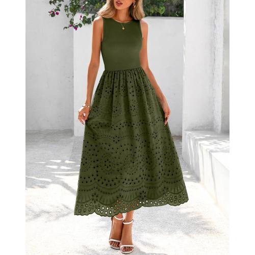 Size L...dowerme Women Summer Dresses 2026 Casual Sleeveless Crewneck A-Line Boho Lace Eyelet Cotton Tank Maxi Dress with Pockets