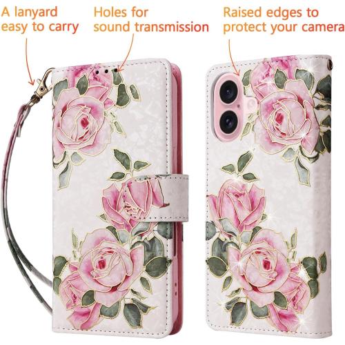 UEEBAI Wallet Case for iPhone 16 Plus, PU Leather Phone Cover Kickstand RFID Blocking Flip Case Card Slots Wrist Strap Relief Engraved Pattern Magnetic Closure Flower Folio Wallet, White Rose