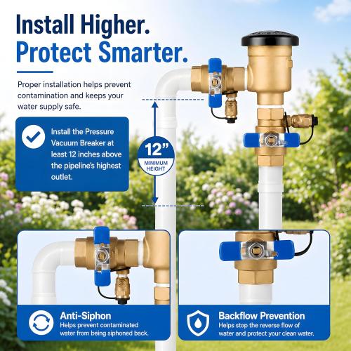 1 Inch Backflow Preventer, Brass Pressure Vacuum Breaker Assembly, 400 PSI Sprinkler Backflow Valve for Lawn Irrigation, Garden Water Lines and Outdoor Anti-Siphon Protection