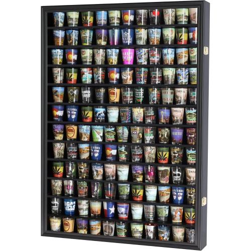 Large 144 Shot Glass Display Case Rack Solid Wood Cabinet Holder Wall Curio Cabinet Shadow Box for Action Figures Small Figurines - Lockable with UV Protection Door - Black Finish