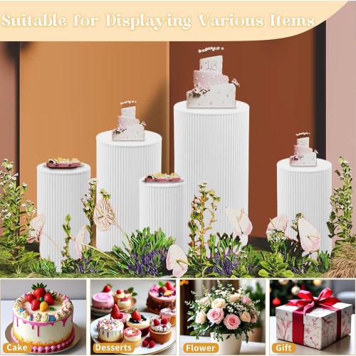 Fivenl 5 Pcs Metal Pleated Cylinder Pedestal Stands for Party, Heavy Duty White Round Cake Pedestal Stand Flower Plant Display Plinth Pillars for Wedding Birthday Event Decor