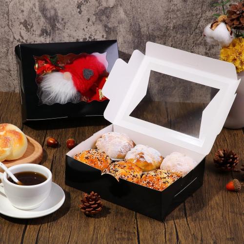 TaoBary 100 Pcs 8 Inch Bakery Boxes 8 x 6 x 2.5 Inch Cookie Pastry Boxes with 2 Style Window for Cookie Treat Chocolate Strawberries Cupcakes Candy Muffins(Black)