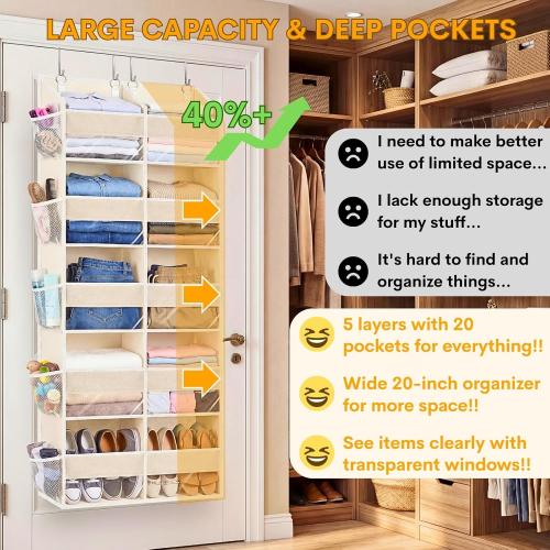 Ofiray-home Over the Door Organizer 5 Tiers,Extra Large Behind Door Storage of 10 Compartments,80 lbs Weight Capacity Over the Door Storage, Door Hanging Organizer for Closet, Diaper Organizer, Beige