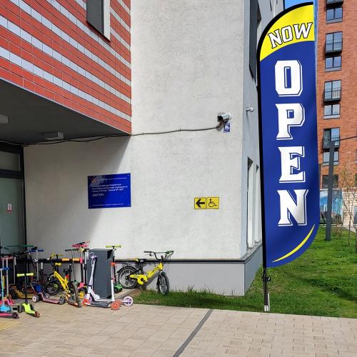 Preboun 2 Sets 12 ft Now Open Feather Flags Pole Kit for Business Advertising Feather Sign with Poles and Ground Spikes Open Flags Banner for Store Outside Signs (Blue)