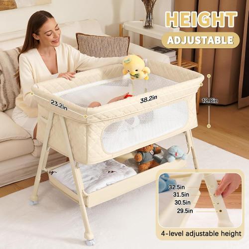 Baby Crib, Baby Bassinets Bedside Sleeper with Breathable Mesh & Mattress, Easy Move Crib for Newborns with Lockable Wheels, 4-Adjustable Height Bedside Bassinet (Beige)