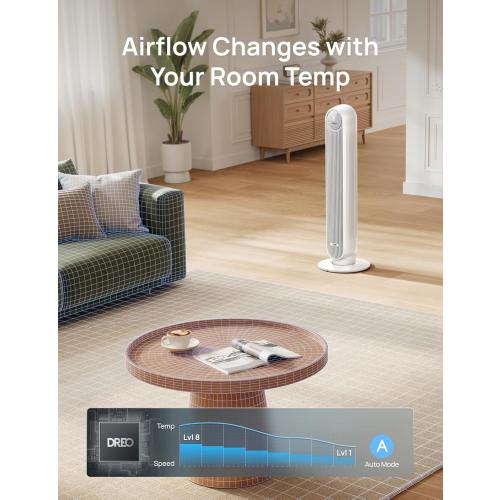 DREO Tower Fan for Bedroom, 2026 Upgraded DC Motor, 28ft/s High Velocity, 20dB Ultra Quiet Standing Fan, 8 Speeds 4 Modes, 90° Oscillating Bladeless Fan for Indoors, Floor Fans with Remote, White
