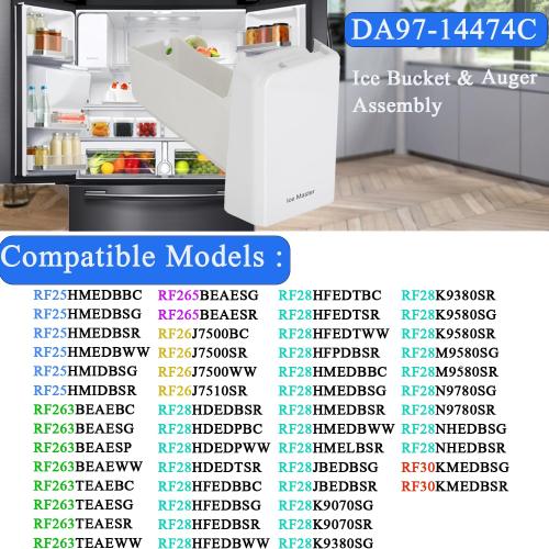 DA97-14474C, DA97-14474A, DA97-12604D Ice Bucket, ice Container Bucket Compatible with Samsung RF25, RF26, RF28, Series Refrigerator etc, Part Number: DA97-21040A, AP6034185 etc One Year Warranty